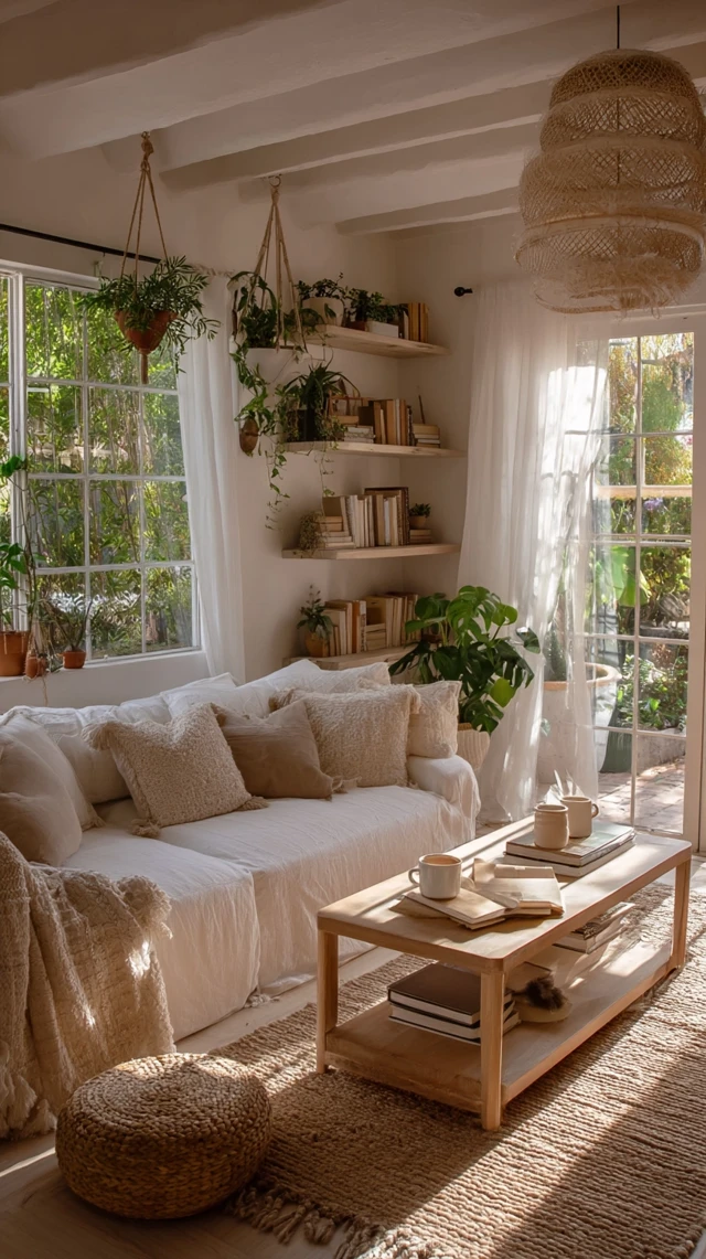Cozy Boho Living Room Filled With Plants and Sunlight