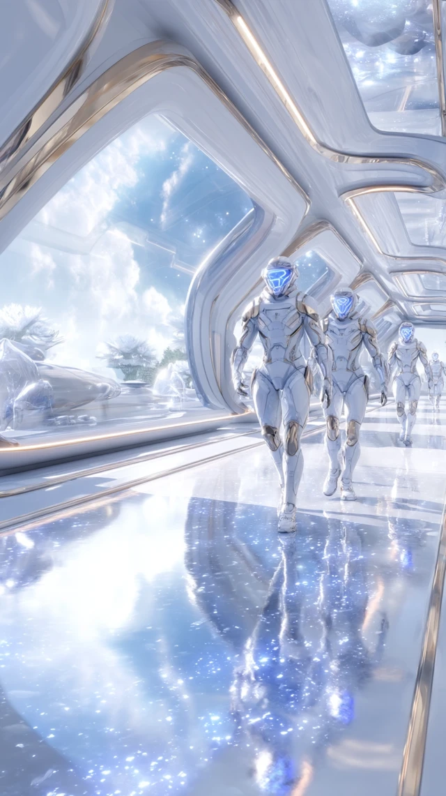 Futuristic Alien Race in Space Station Corridor