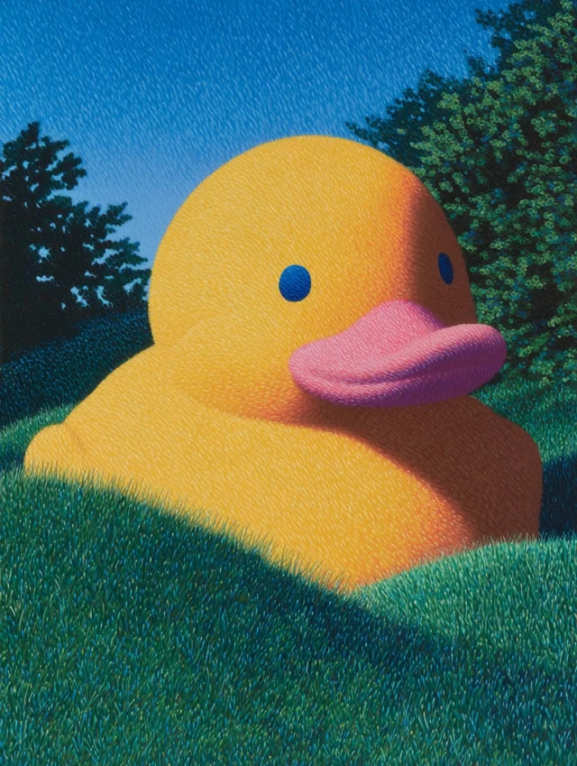 Oil Painting of a Duck Toy on Green Grass