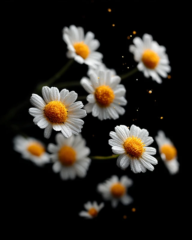 Chamomile Flowers Floating on Black Background