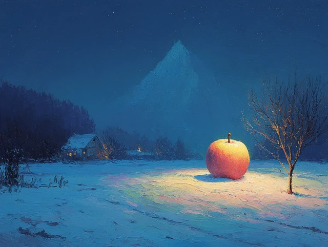 Apple in Winter Night Landscape Painting
