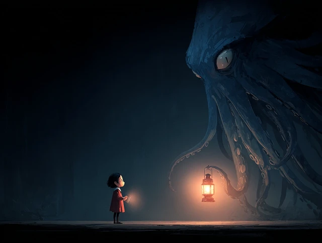Girl and Giant Squid Horror Art