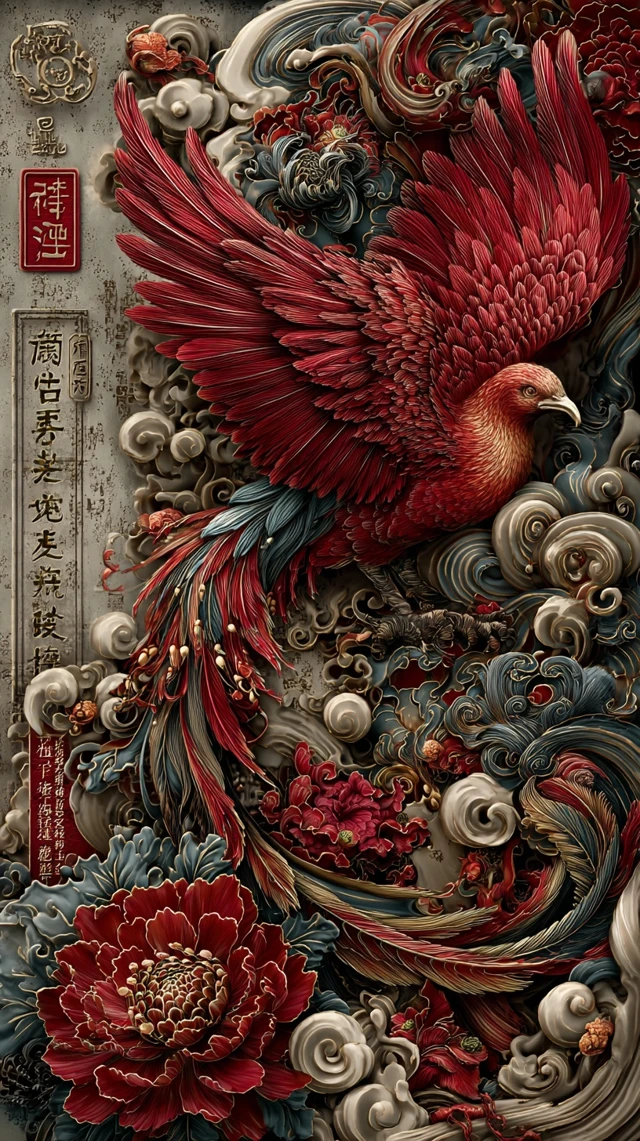Zhu Que Chinese Vermilion Bird Watercolor Painting