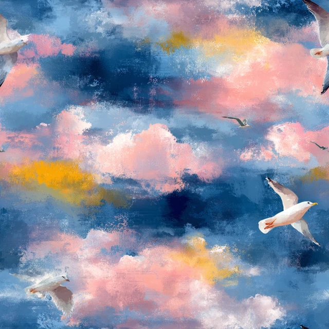 Seagulls Ocean Clouds Oil Painting