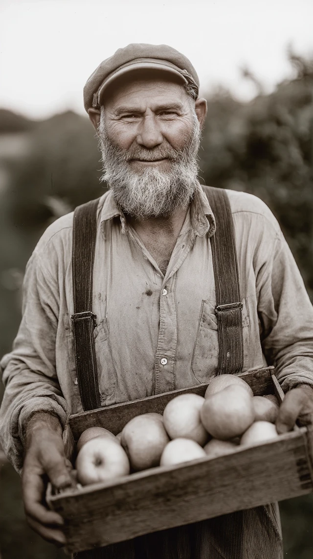 Vintage Apple Farmer in Orchard Sepia Tone