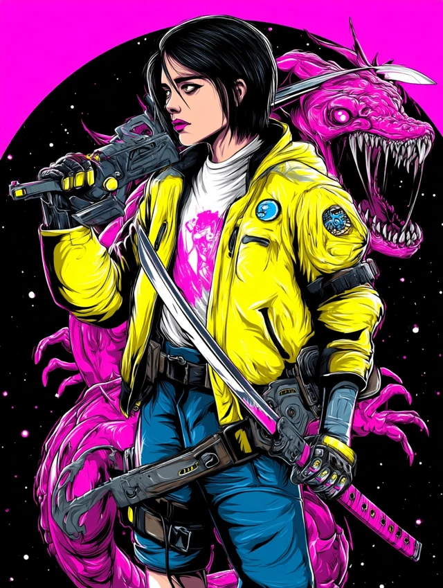 Cyberpunk Samurai Girl with Dragon Art