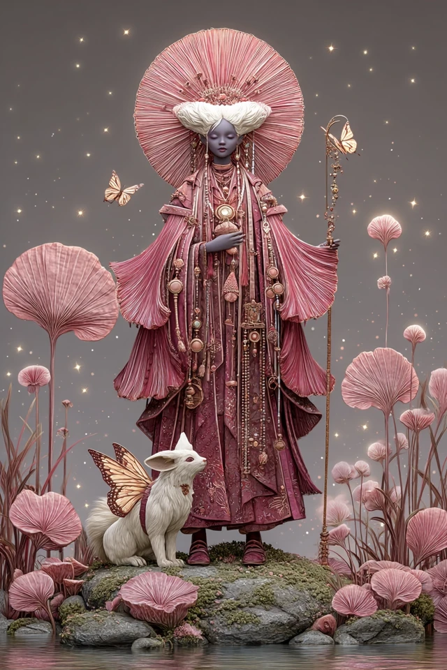 Mythical Shaman Rose Figure in Enchanted Glade