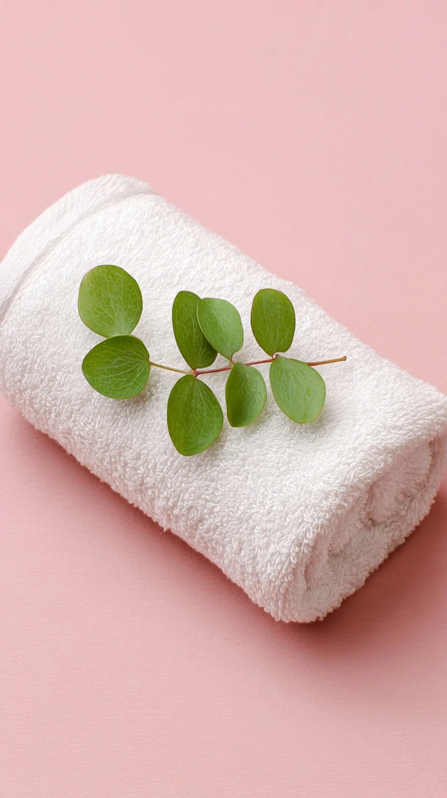 White Cotton Towel with Green Plant on Pink Background