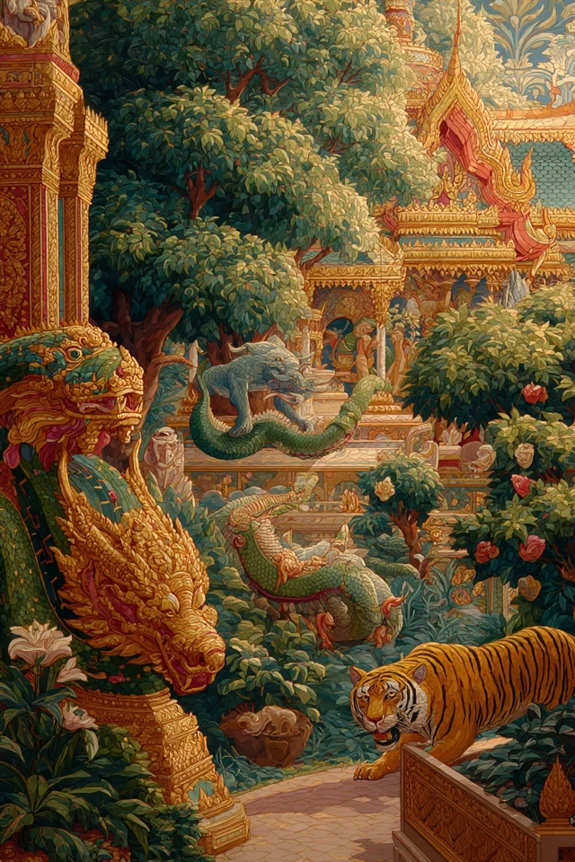 Thai Mural Mythical Creatures Temple Garden Art