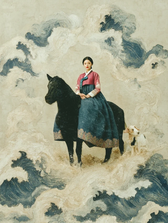 Korean Woman on Horse in Hanbok Stormy Sky