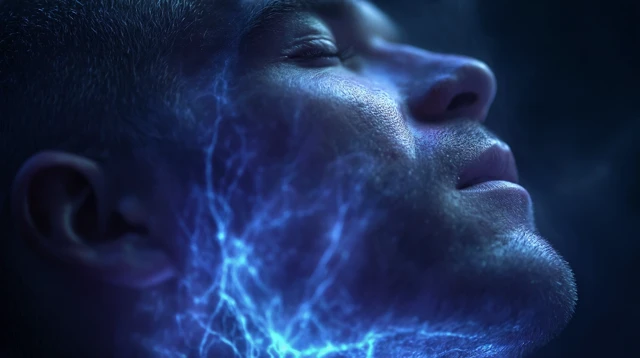 Surreal Man Exhales Mist with Glowing Nerves