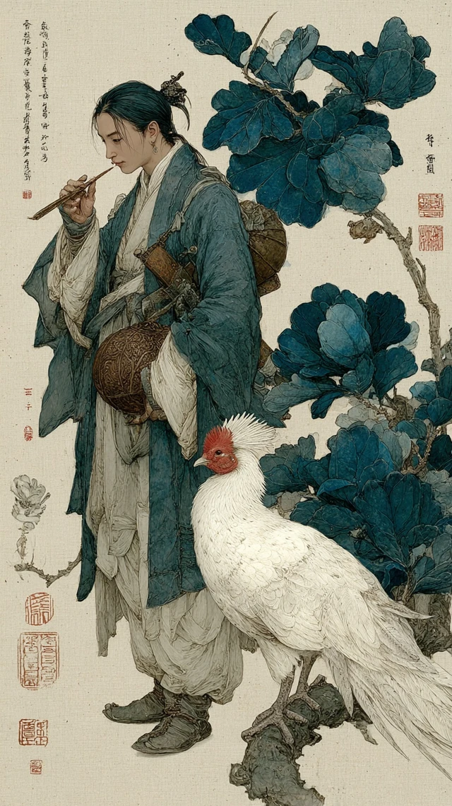 Ancient Chinese Man and Pheasant Ink Illustration