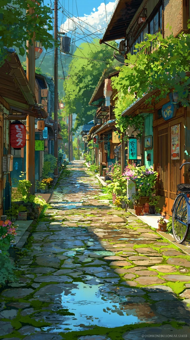 Japanese Village Street Watercolor Anime Art