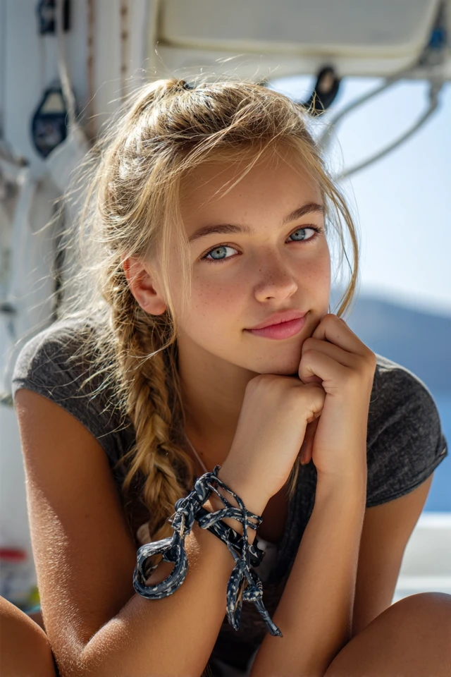 Blonde Girl Relaxing on a Sailboat in Santorini Greece