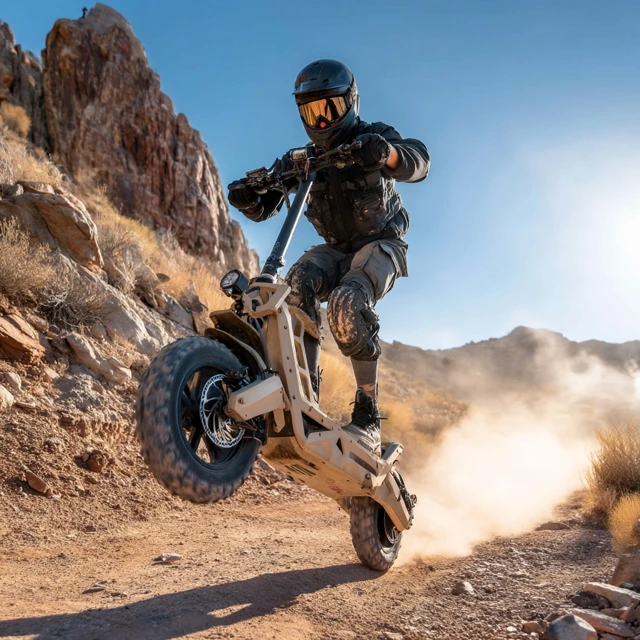 Electric Scooter Wheelie Action Shot Desert Ride