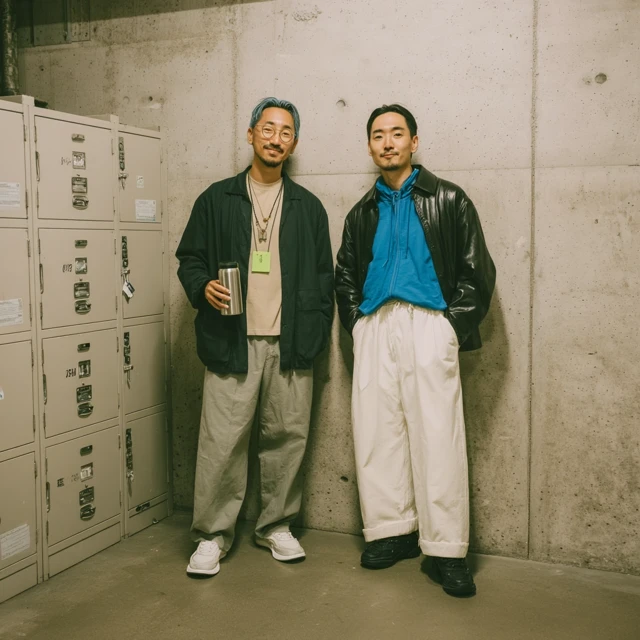 Japanese Men in Warehouse Locker Lobby - Fashion Portrait