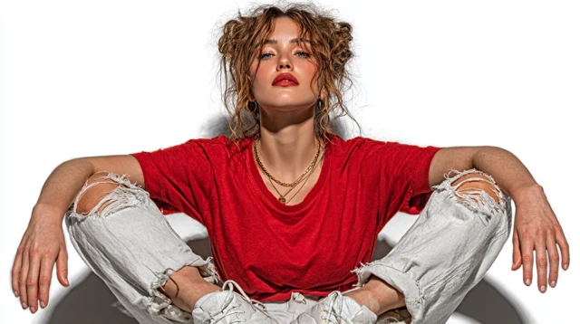 Woman in Red TShirt and Ripped Jeans