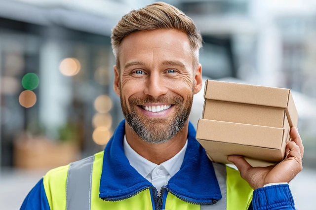 Cheerful Bike Courier with Delivery Box