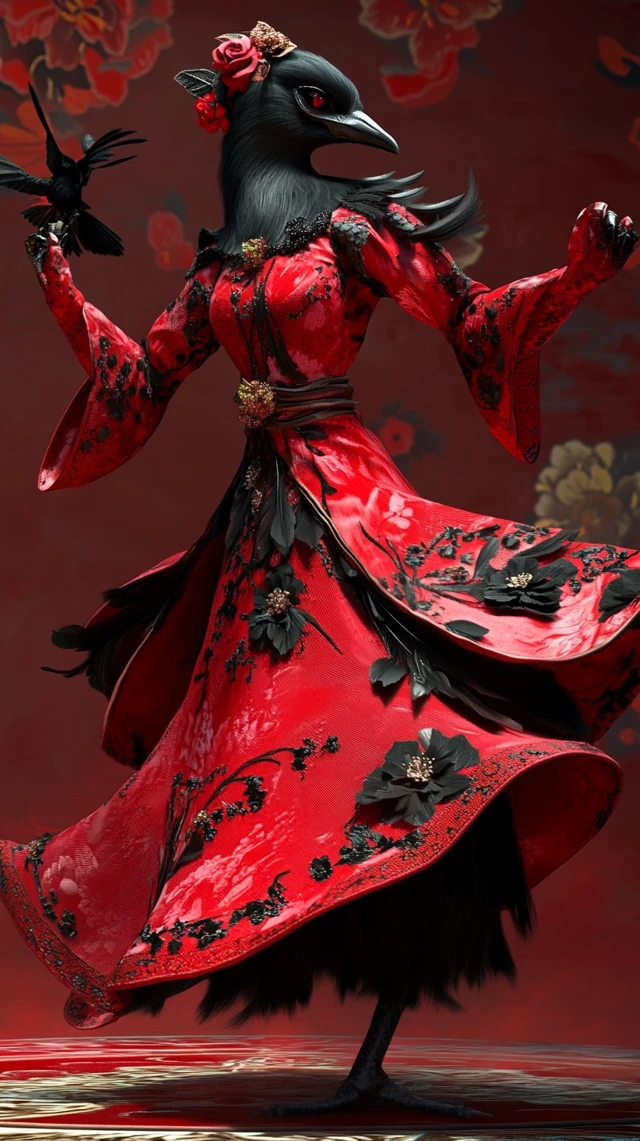 Dancing Crow in Red Dress Black Flowers