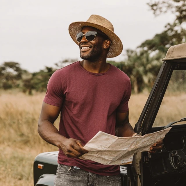 Safari Adventure Man with Map in Maroon Tee
