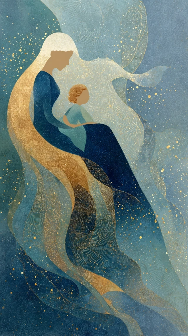 Mother and Baby on Crescent Moon Acrylic Painting