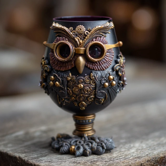 Steampunk Owl Wine Glass Polymer Clay Art