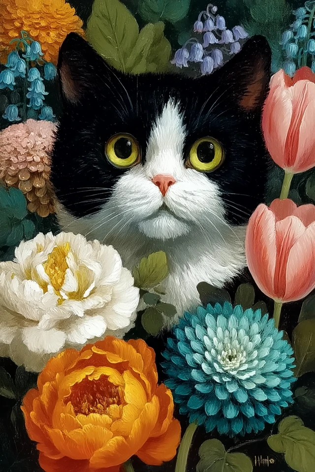 Cat Portrait with Flowers - Audubon Style Oil Painting