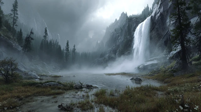 Cinematic Waterfall Scene in a Misty Forest