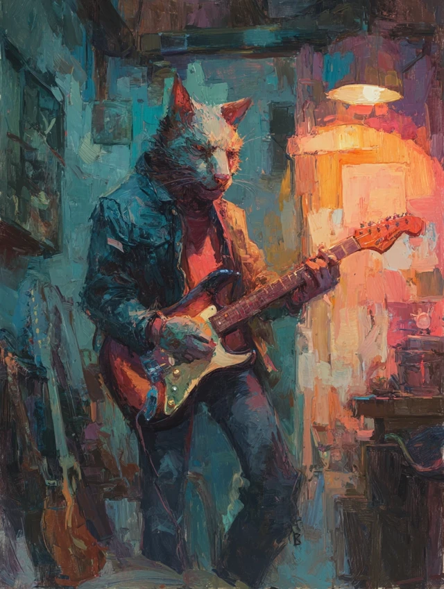 Cat Head Musician Playing Guitar Whimsical Art