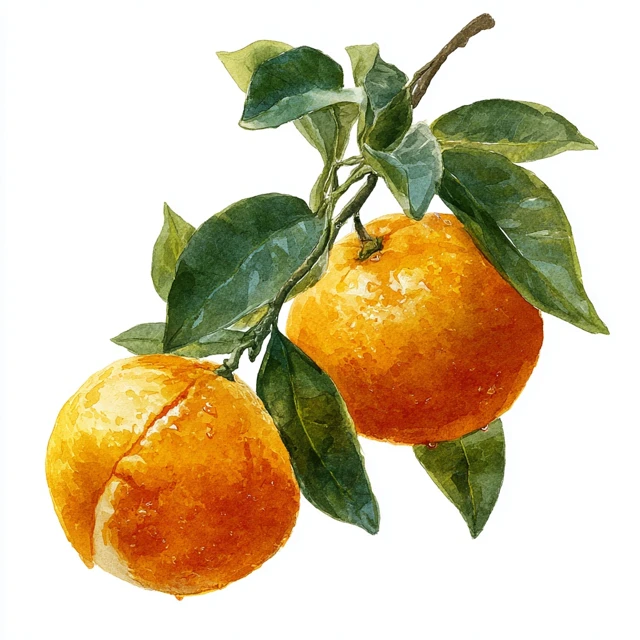 Orange Watercolor Painting Fruit with Leaves