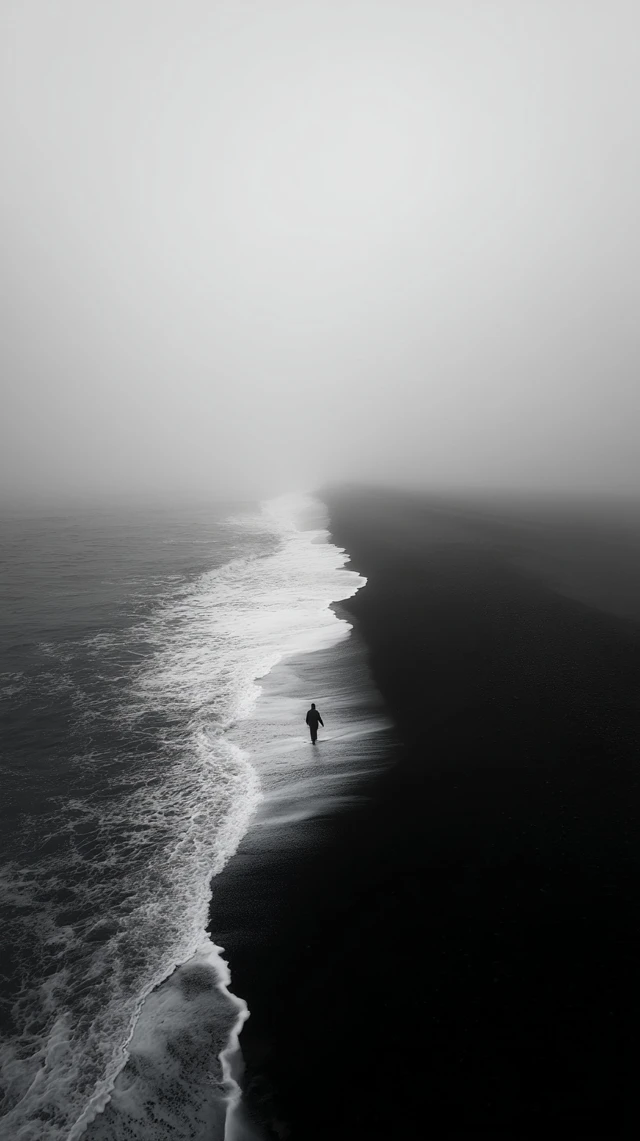 Black Sand Beach Foggy Morning Lone Figure