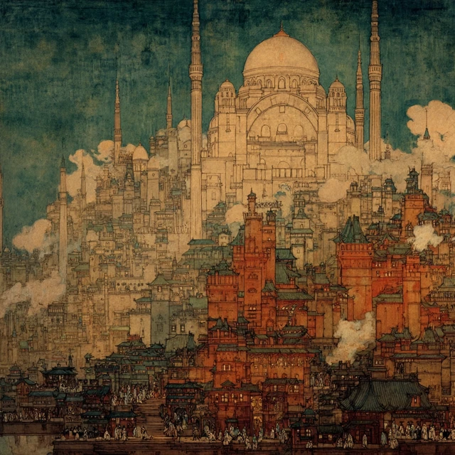 Tokyo Cityscape in the Style of John Bauer