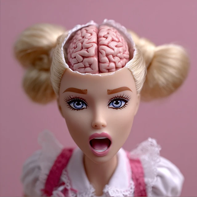 Scared Barbie Doll Brain Exposed Surreal Art