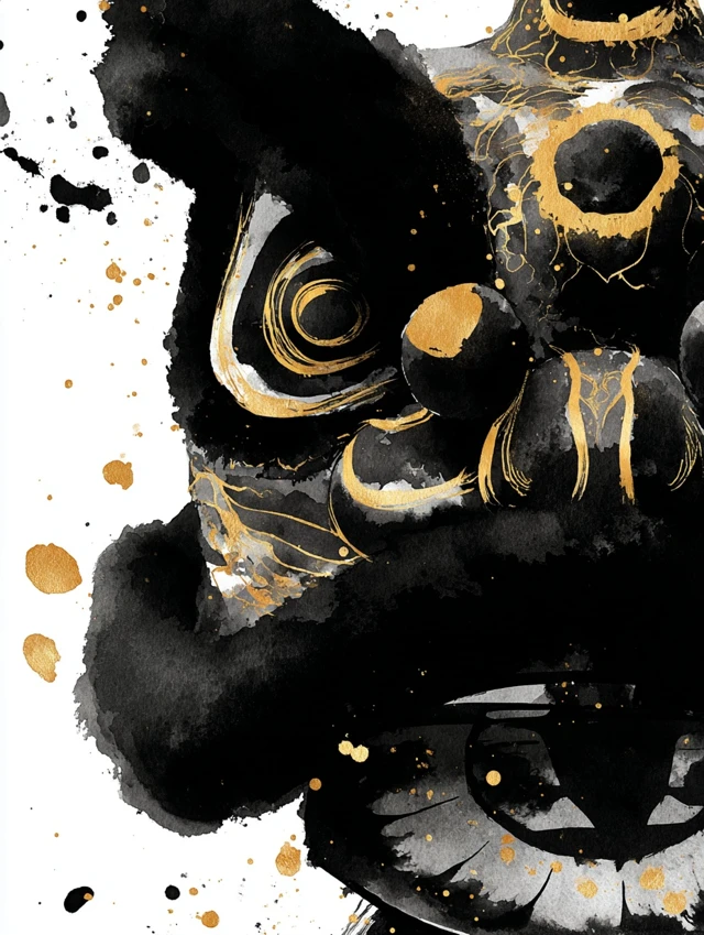Chinese Lion Dance Ink Painting with Gold Accents