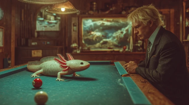 Axolotl Playing Pool with a Man