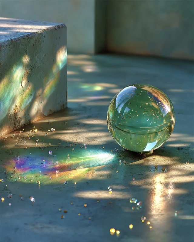Glass Orb Reflecting Rainbow Particles SciFi Art