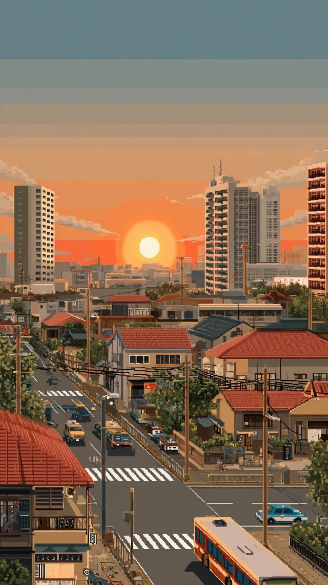 Pixel Art Japanese City Summer Sunset Scene