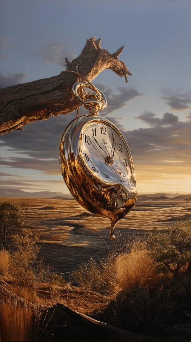 Melting Pocket Watch on Branch: Surreal Oil Painting