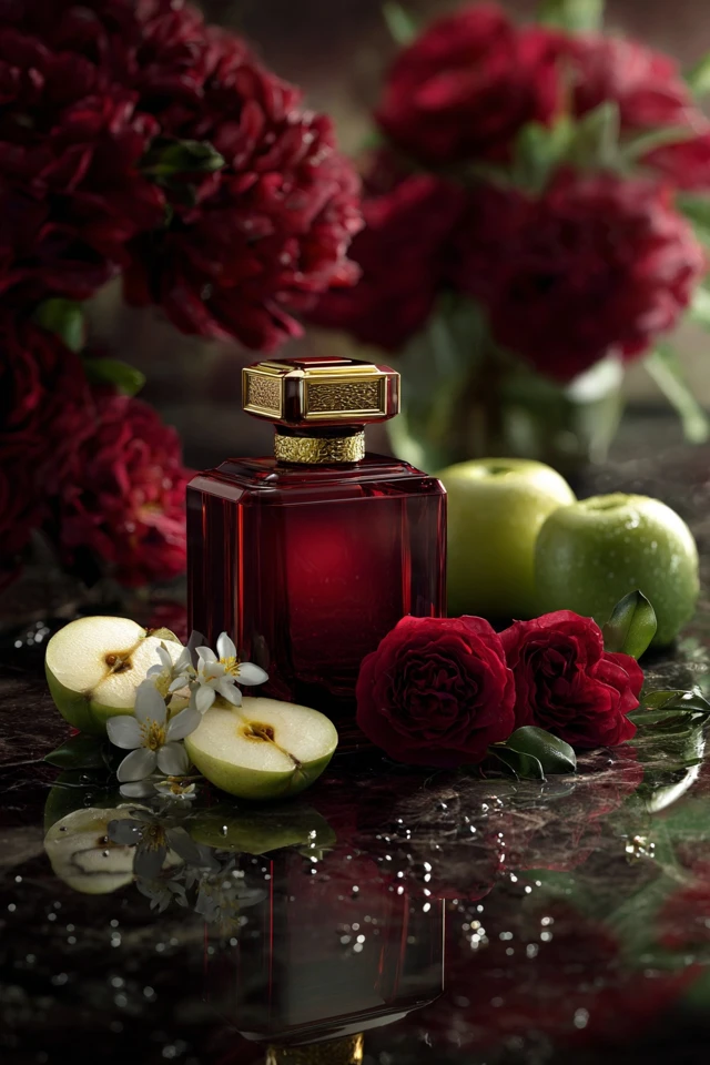 Luxury Perfume Ad Ruby Gold Floral Composition
