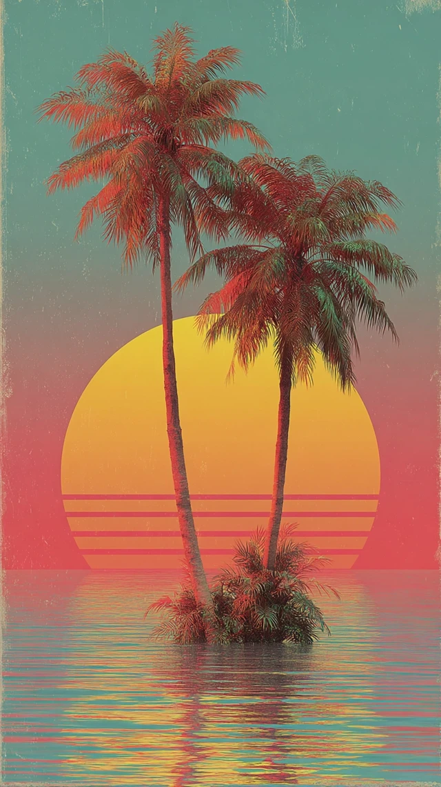 Retro Sunset Palm Trees and Ocean Scenery