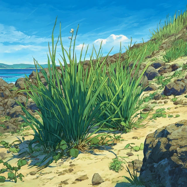 Anime Art Coastal Scene Leek Plants and Sea