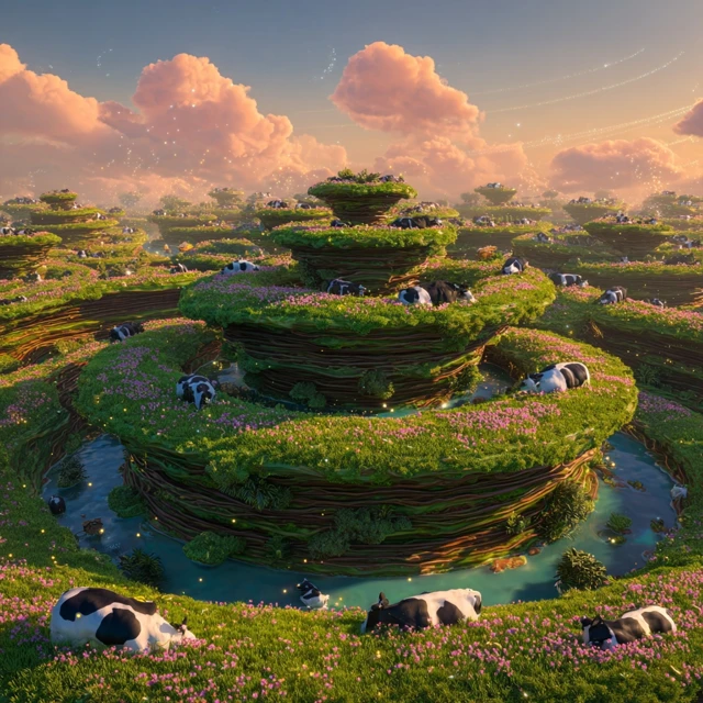 Surreal Floating Cookie Islands Cow Paradise 3D Art