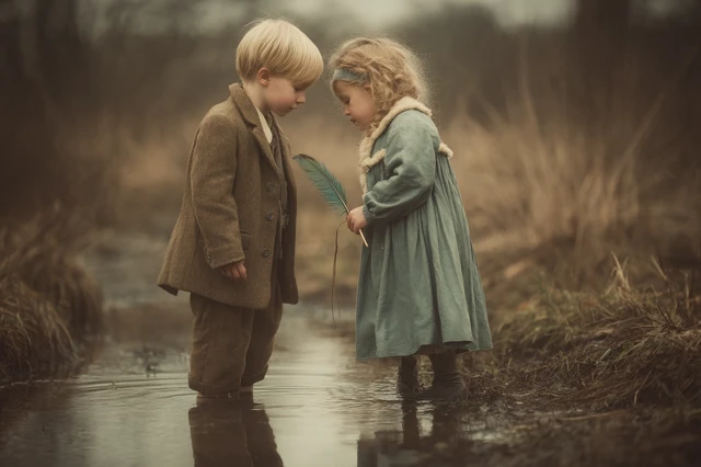 Children in Love Winter Afternoon Emotional Scene