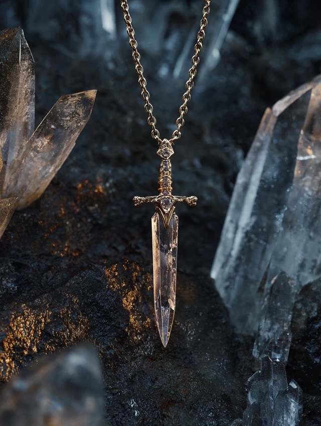 Golden Pendant Sword Necklace with Crystal Blade