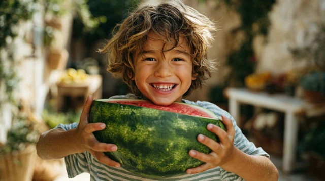 Smiling Boy with Watermelon Summer Fun