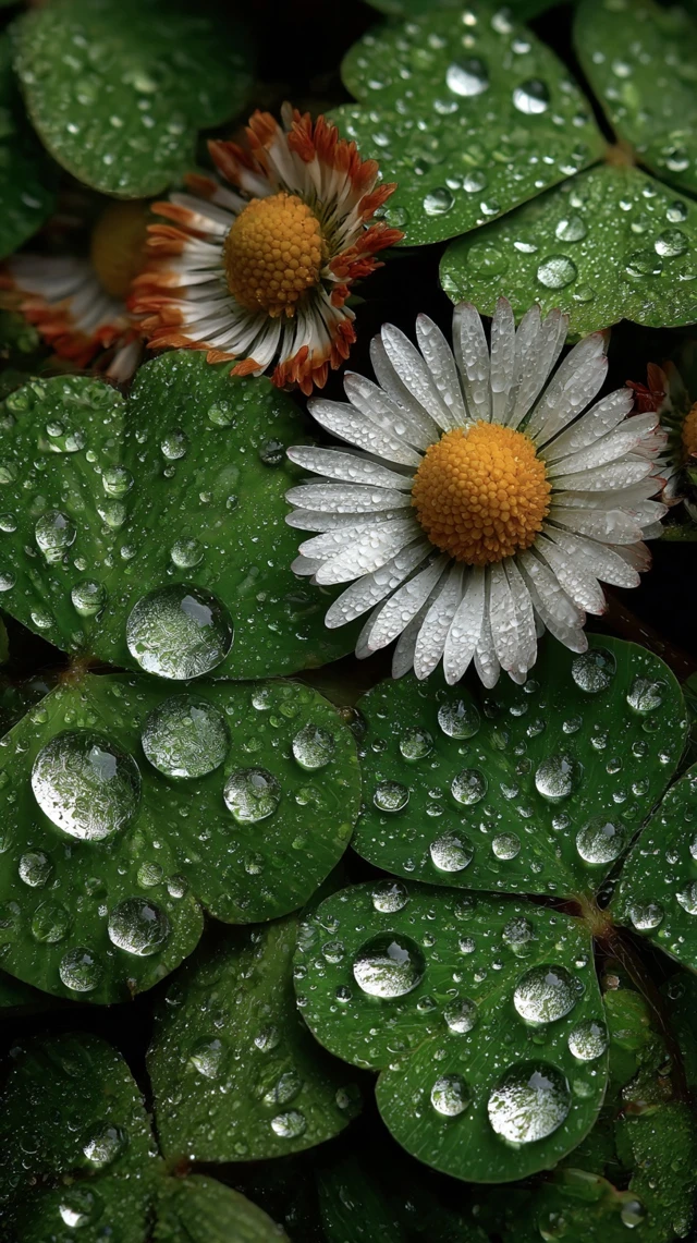 Four Leaf Clovers and Daisies After the Rain