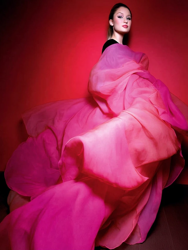 Pink Dress Portrait of European Girl in Red Background