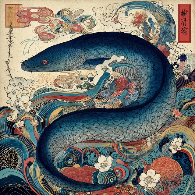 Ukiyo e Illustration of a Sinuous Eel in Japanese Style