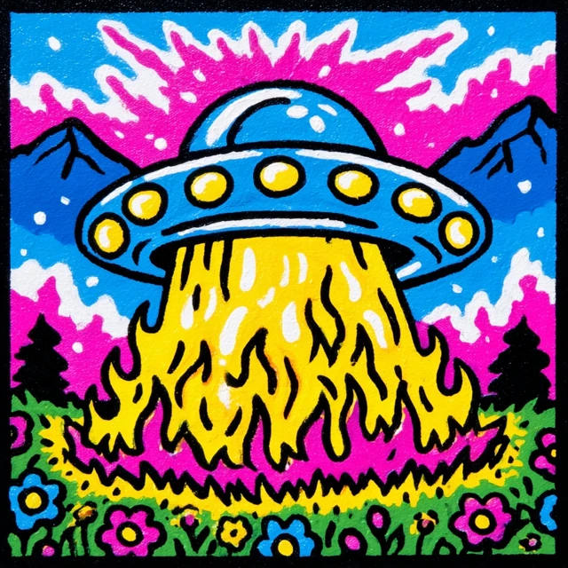 UFO On Fire Flowers Field Illustration
