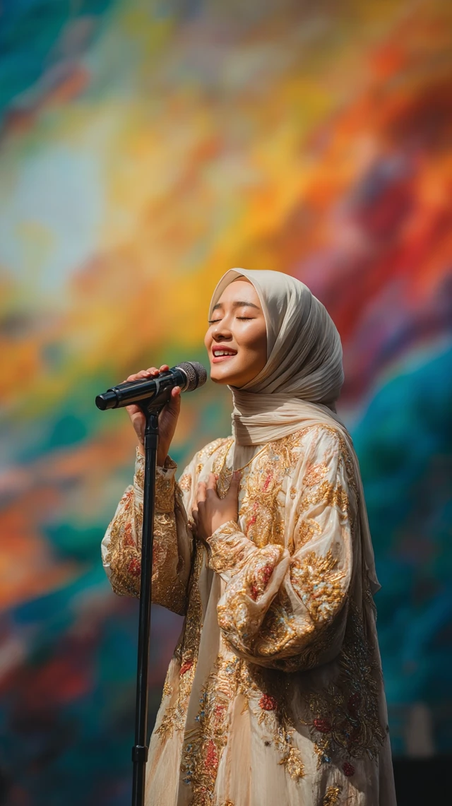 Indonesian Singer on Stage in Traditional Dress